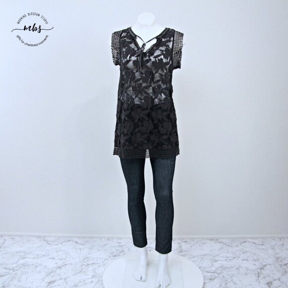 Lost April Lace Pom Pom Sleeveless Sheer Mini Dress Black Women S - Picture 2 of 10